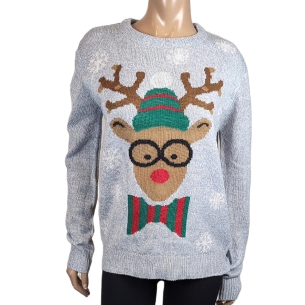 Ugly Christmas Sweater Nerdy Reindeer Happy Holidays Knit Pullover Snowflake